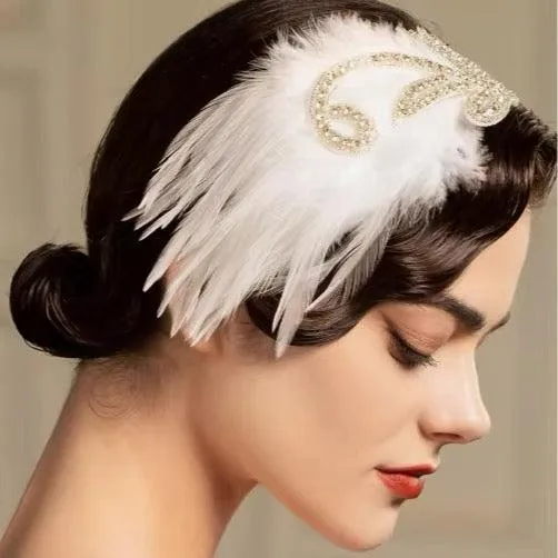 Great Gatsby 1920's Flapper Feather Headdress Fancy Dress Headband - White(Style 35)