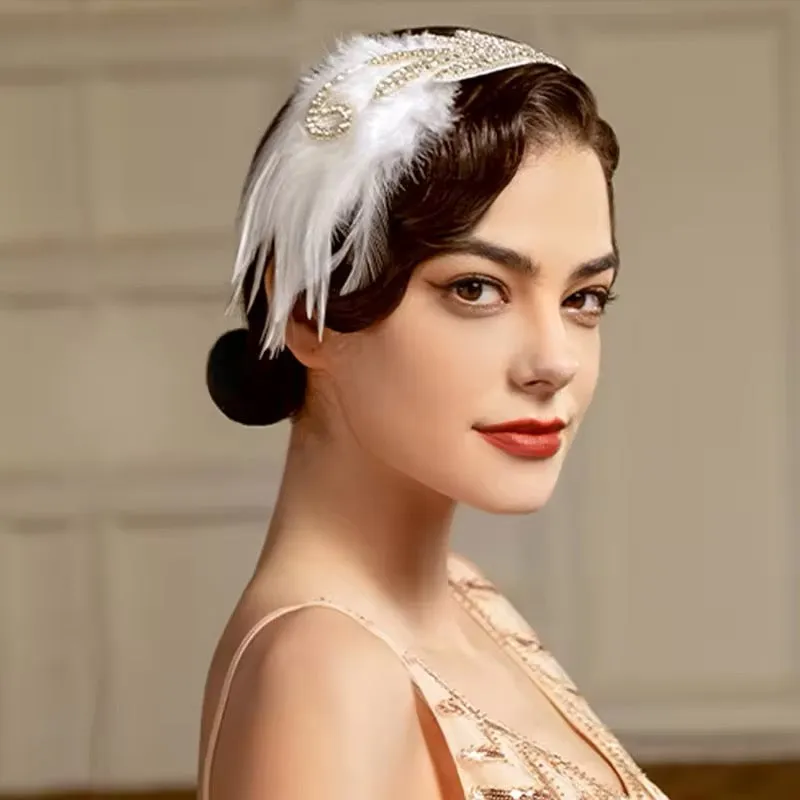 Great Gatsby 1920's Flapper Feather Headdress Fancy Dress Headband - White(Style 35)