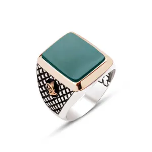 Green Agate Stone Square Silver Men’s Ring Siding Diamond Pattern and Ottoman Tughra