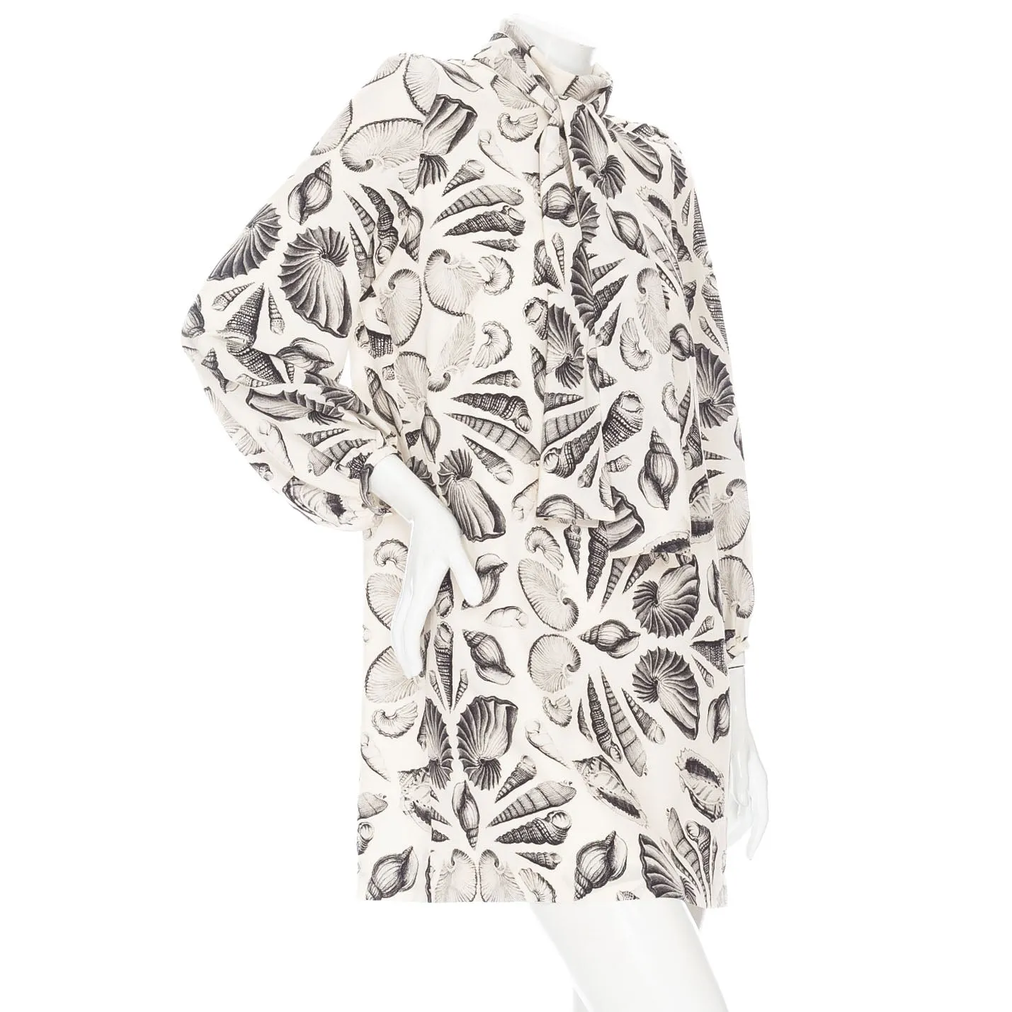 Ivory and Black Crêpe de Chine Seashell Print Scarf-Tie Dress