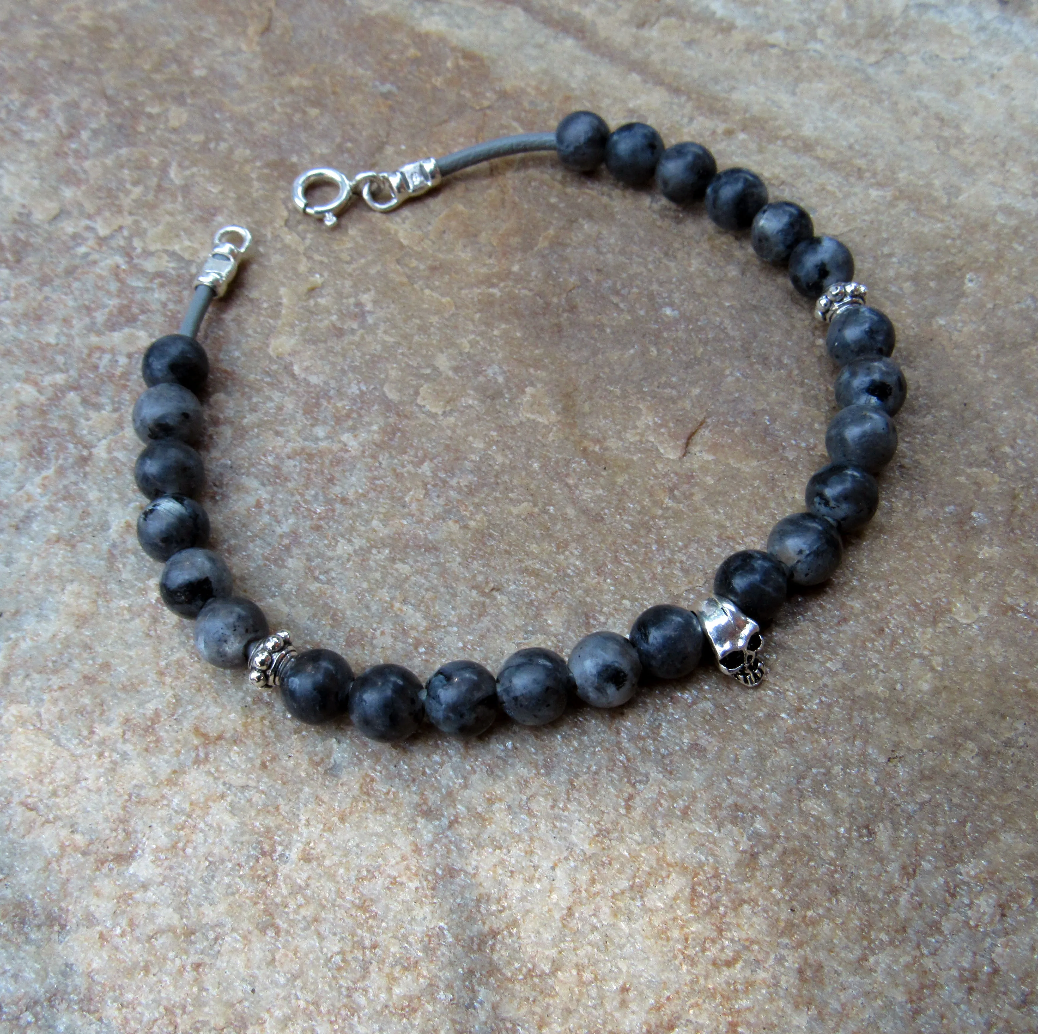 Labradorite or Quartz with Sterling Silver Skull Leather Bracelet