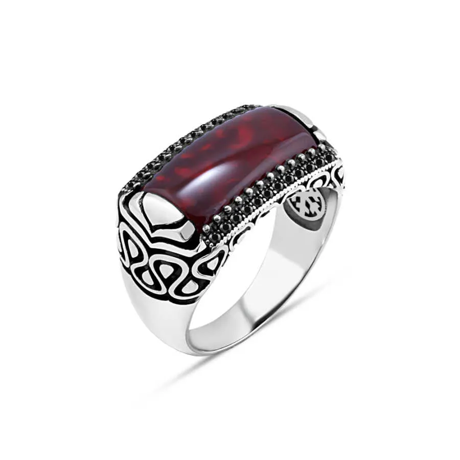 Lank Rectangular Red Agate Stone with Small Black Zircons Silver Men's Ring Siding Wakanda Pattern