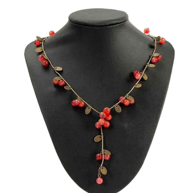 Long Chain Necklace Ethnic Jewelry Red Cherries Beads