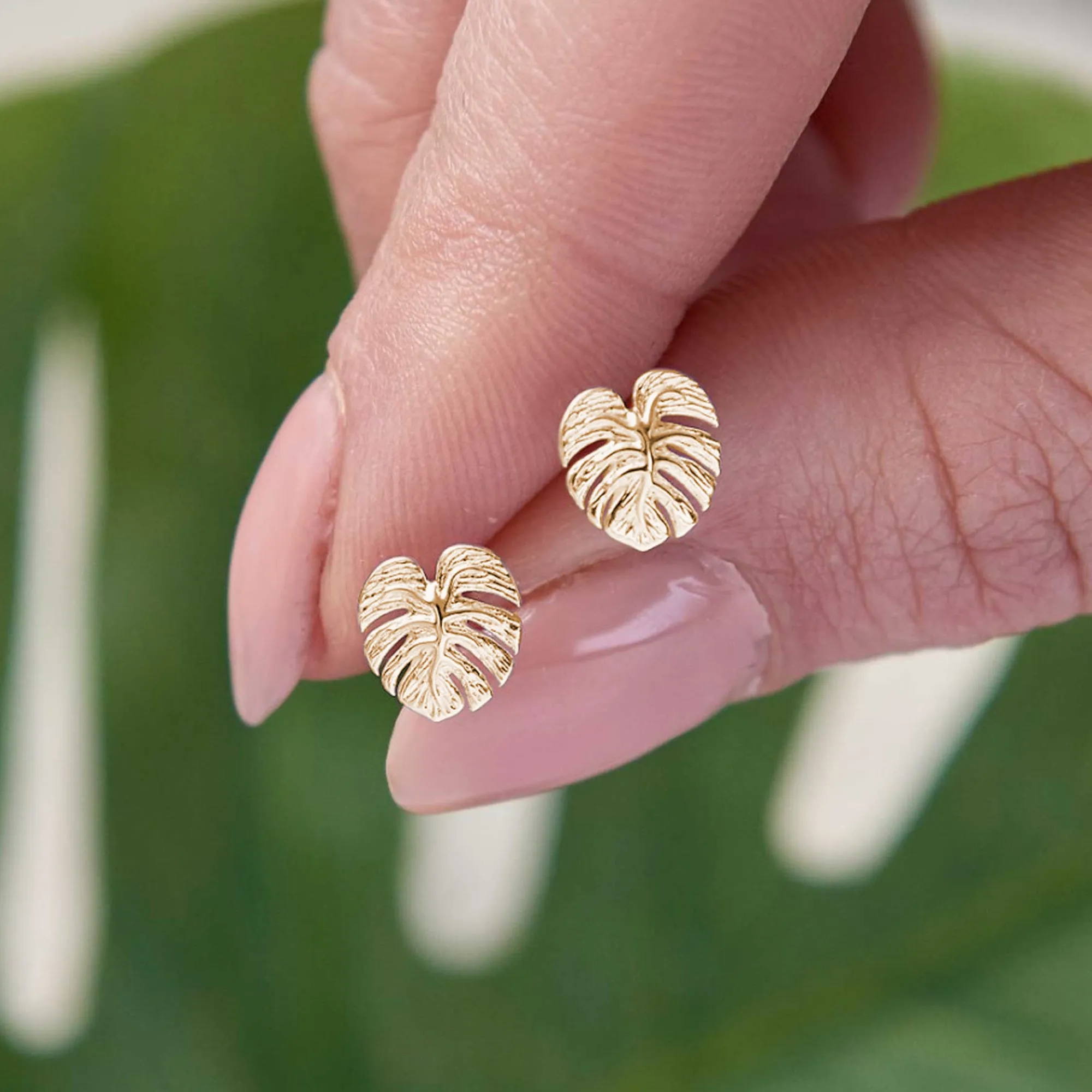 Monstera Palm Leaf Gold Vermeil Stud Earrings