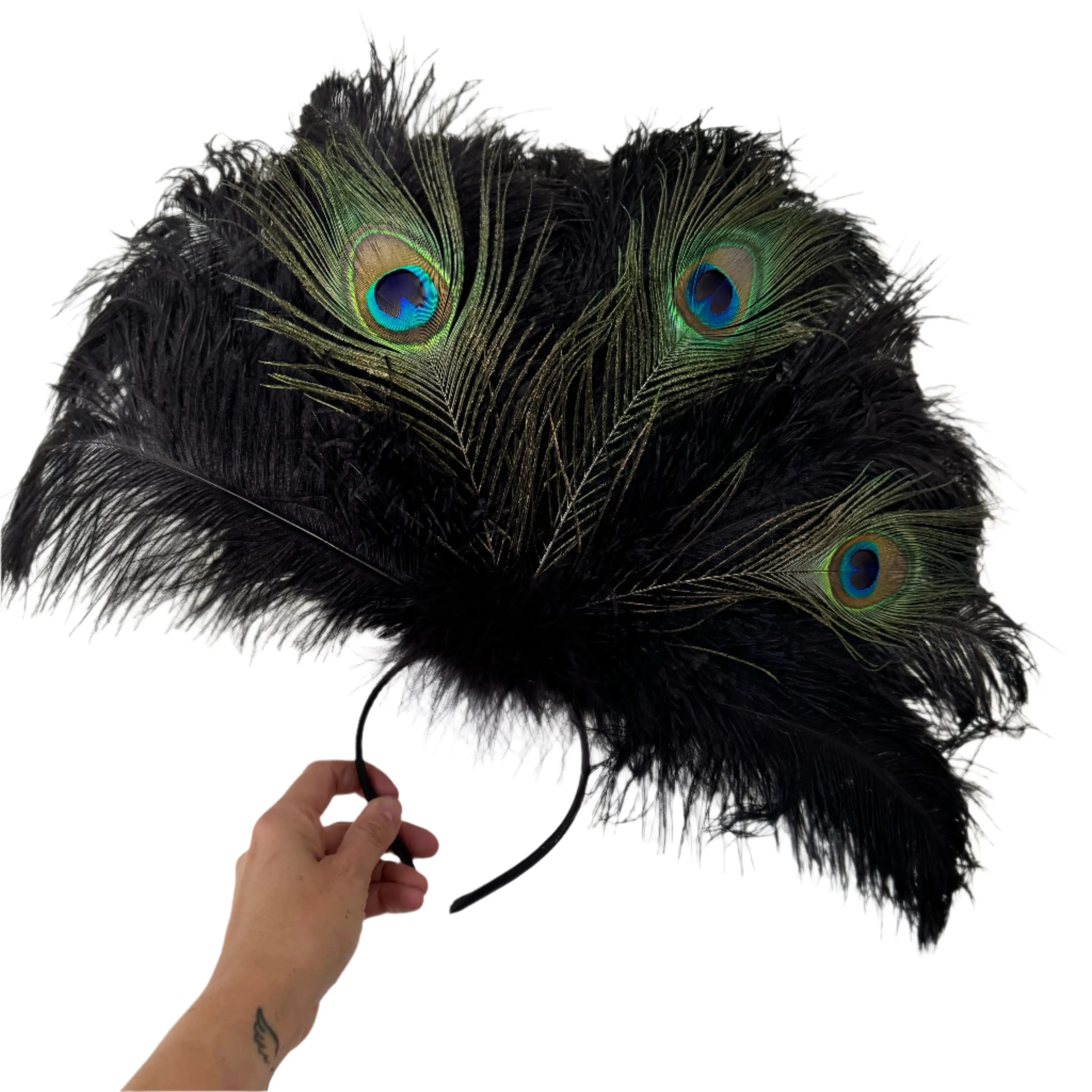 Natural Peacock & Ostrich Feather Drab Carnival Showgirl Costume Headdress - Black