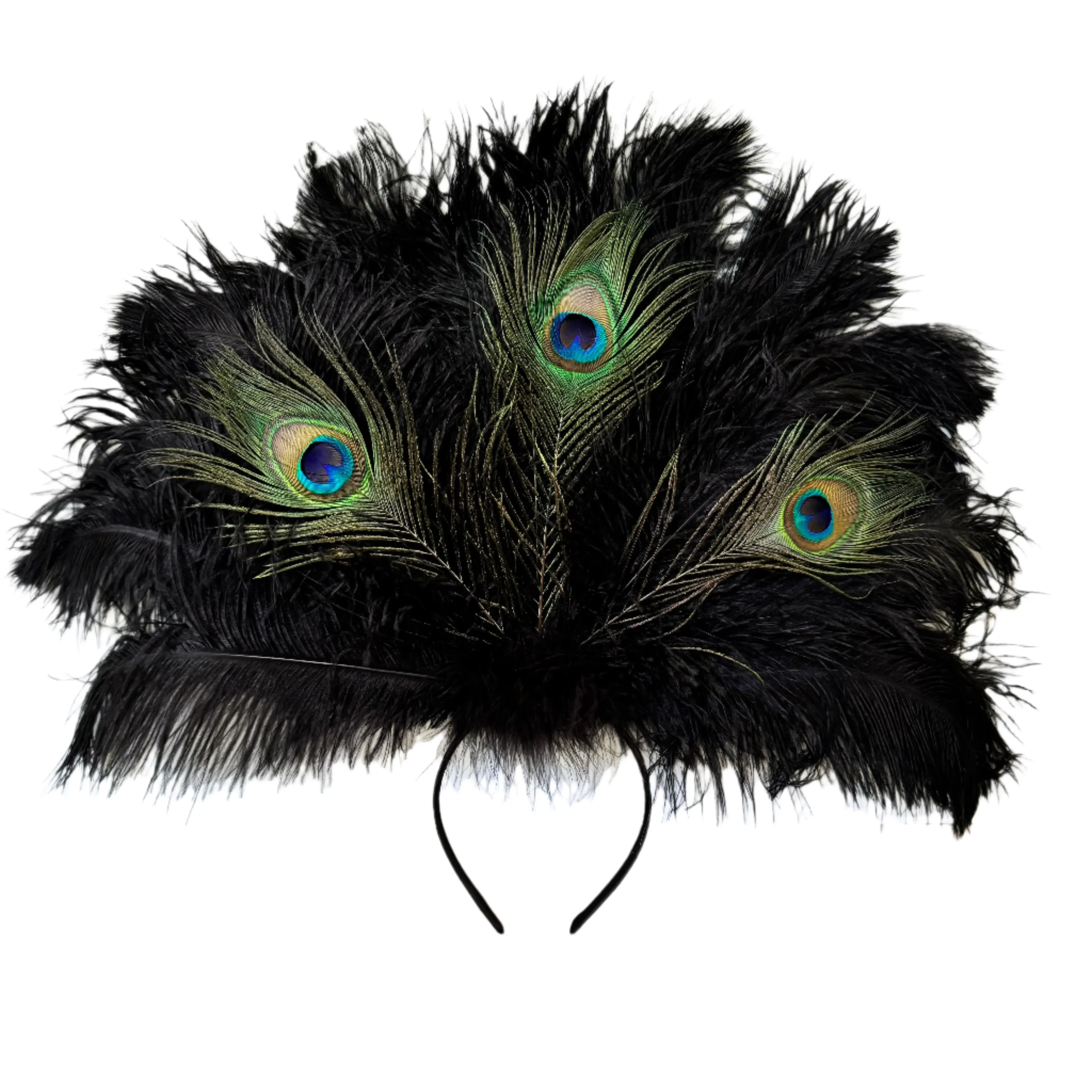 Natural Peacock & Ostrich Feather Drab Carnival Showgirl Costume Headdress - Black