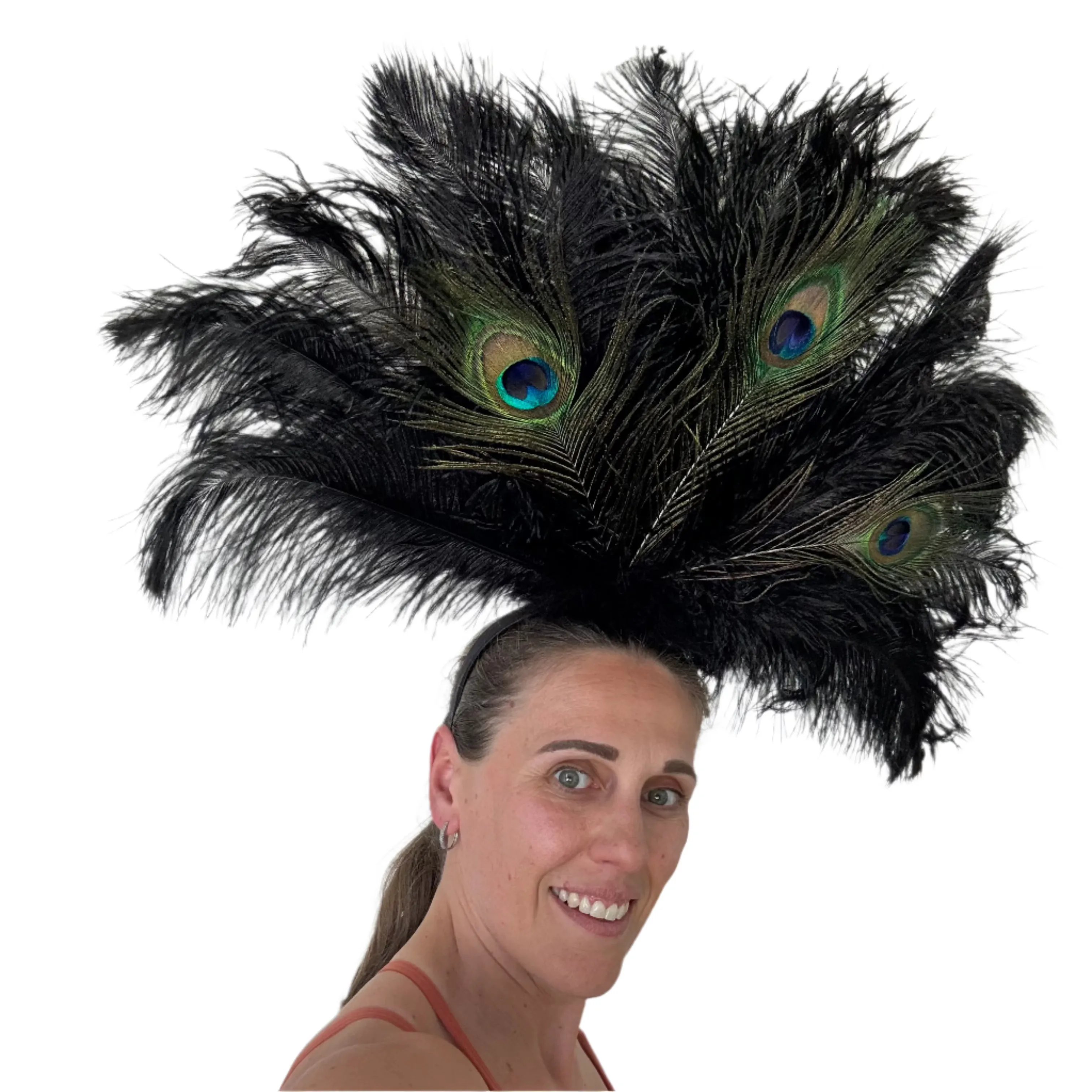 Natural Peacock & Ostrich Feather Drab Carnival Showgirl Costume Headdress - Black