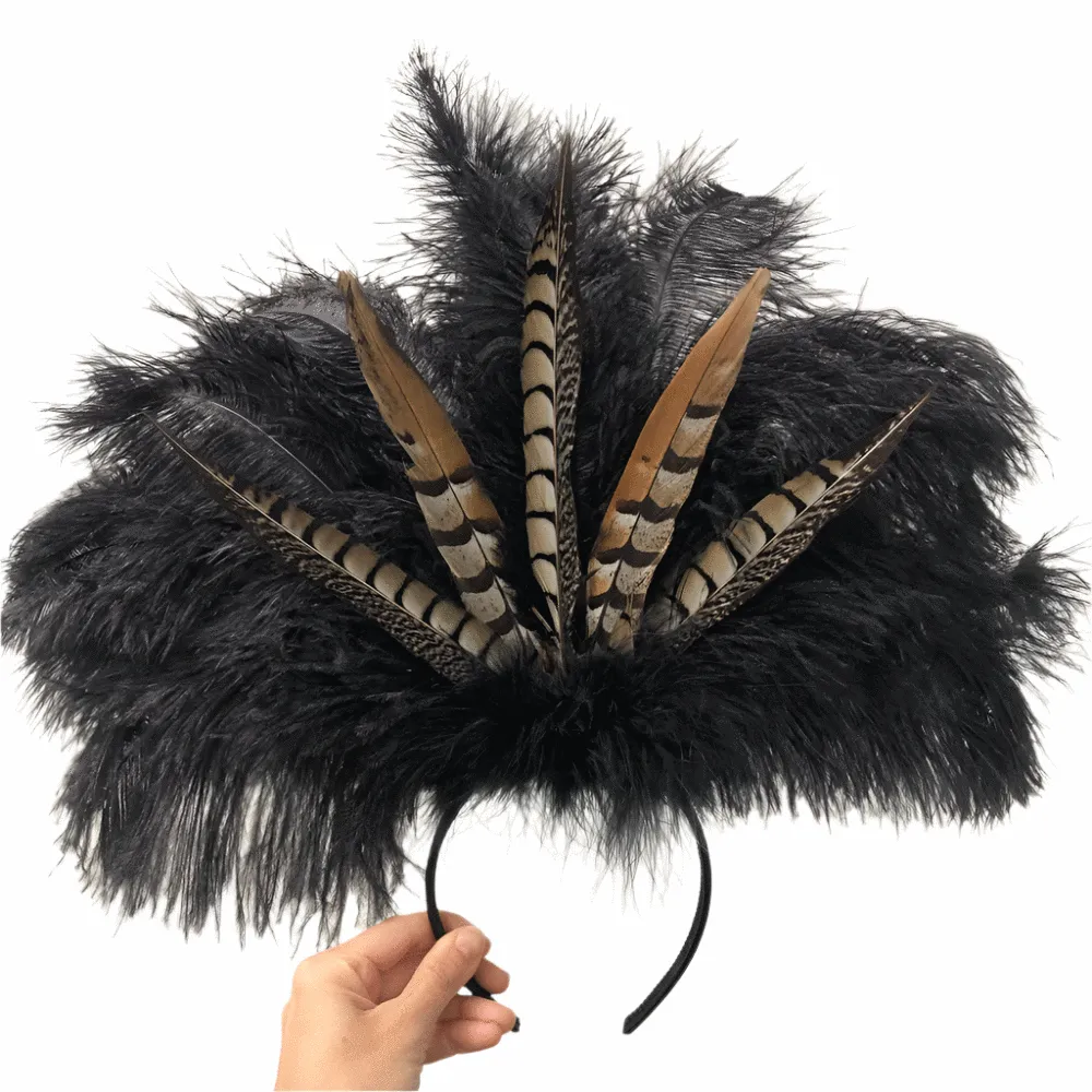 Natural Pheasant & Ostrich Blondine Feather Showgirl Costume Headdress - Black