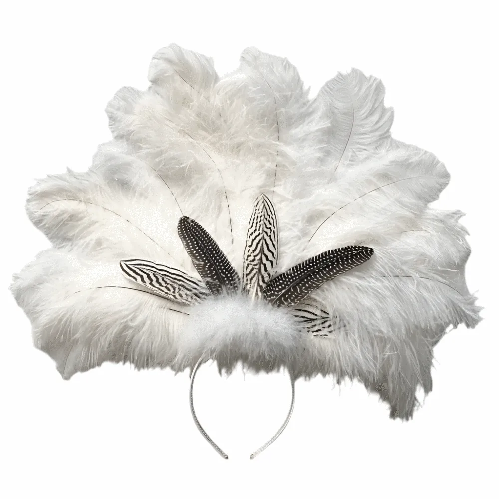 Natural Silver Amond & Guinea Ostrich Blondine Feather Showgirl Costume Headdress - White