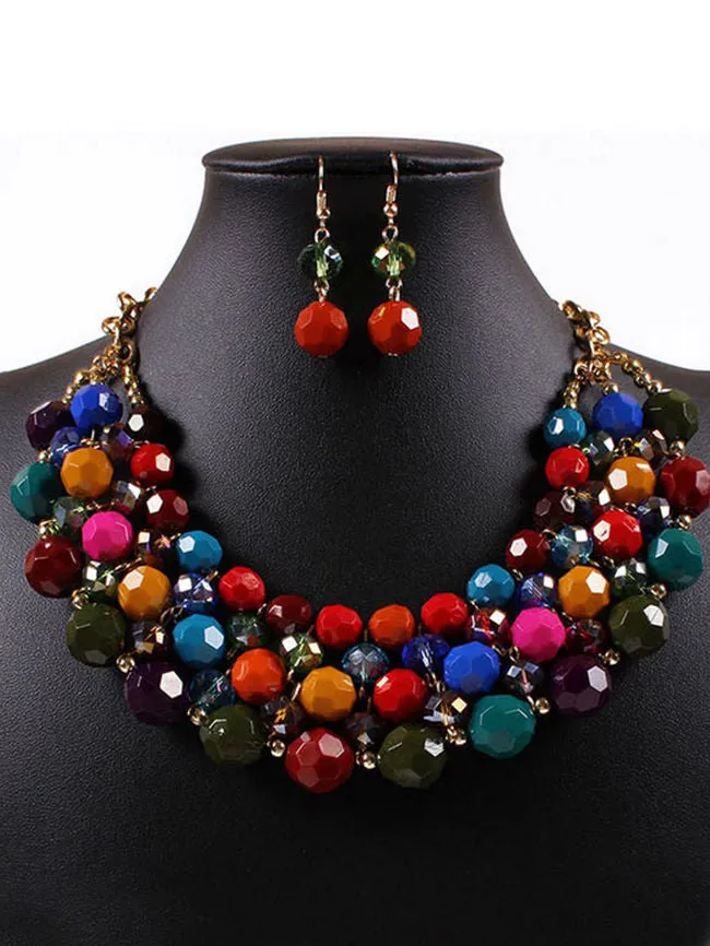 Necklace Earrings Set Bohemia Color Bead