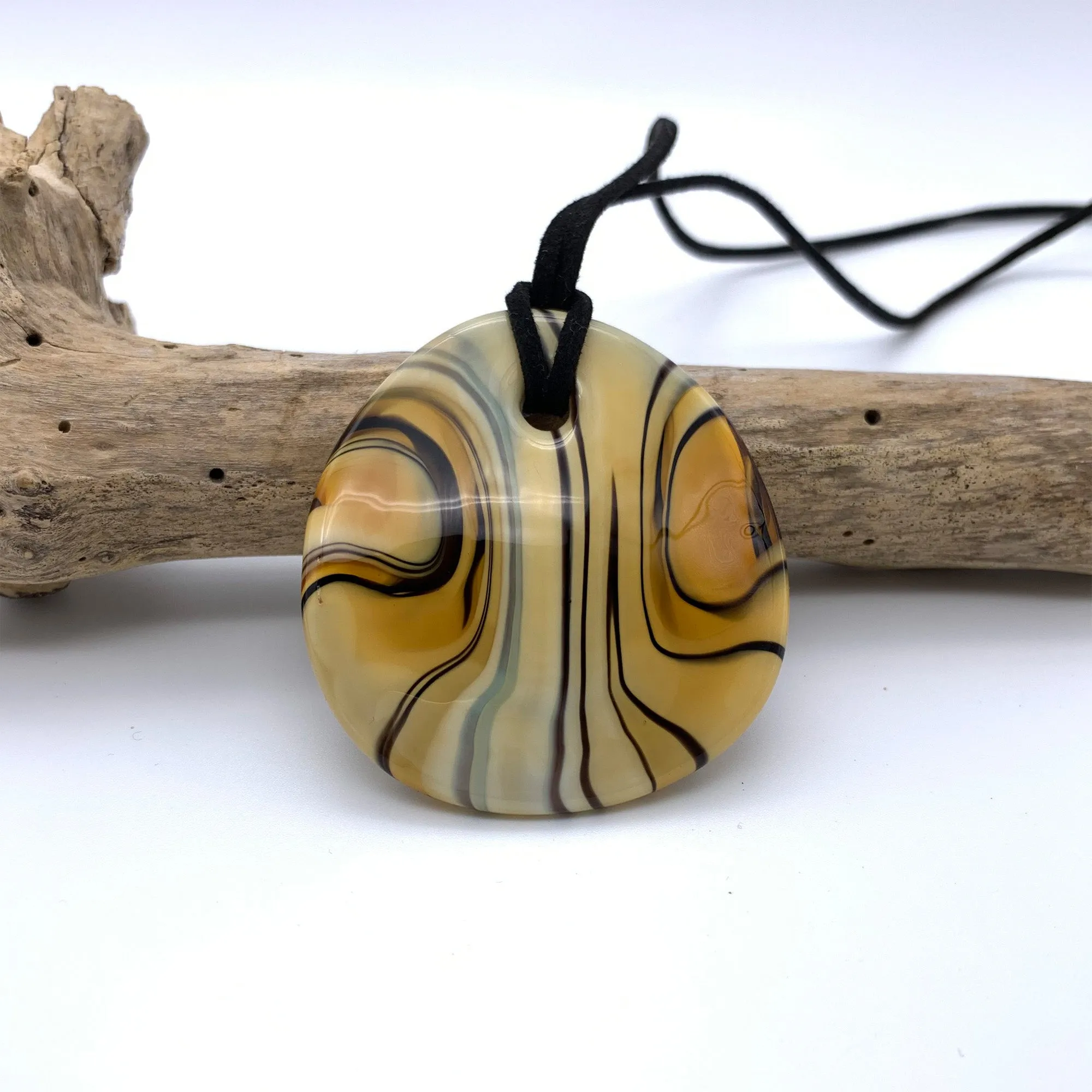 Necklace with caramel (dark ivory, brown) pastel Murano glass near circular flat pendant