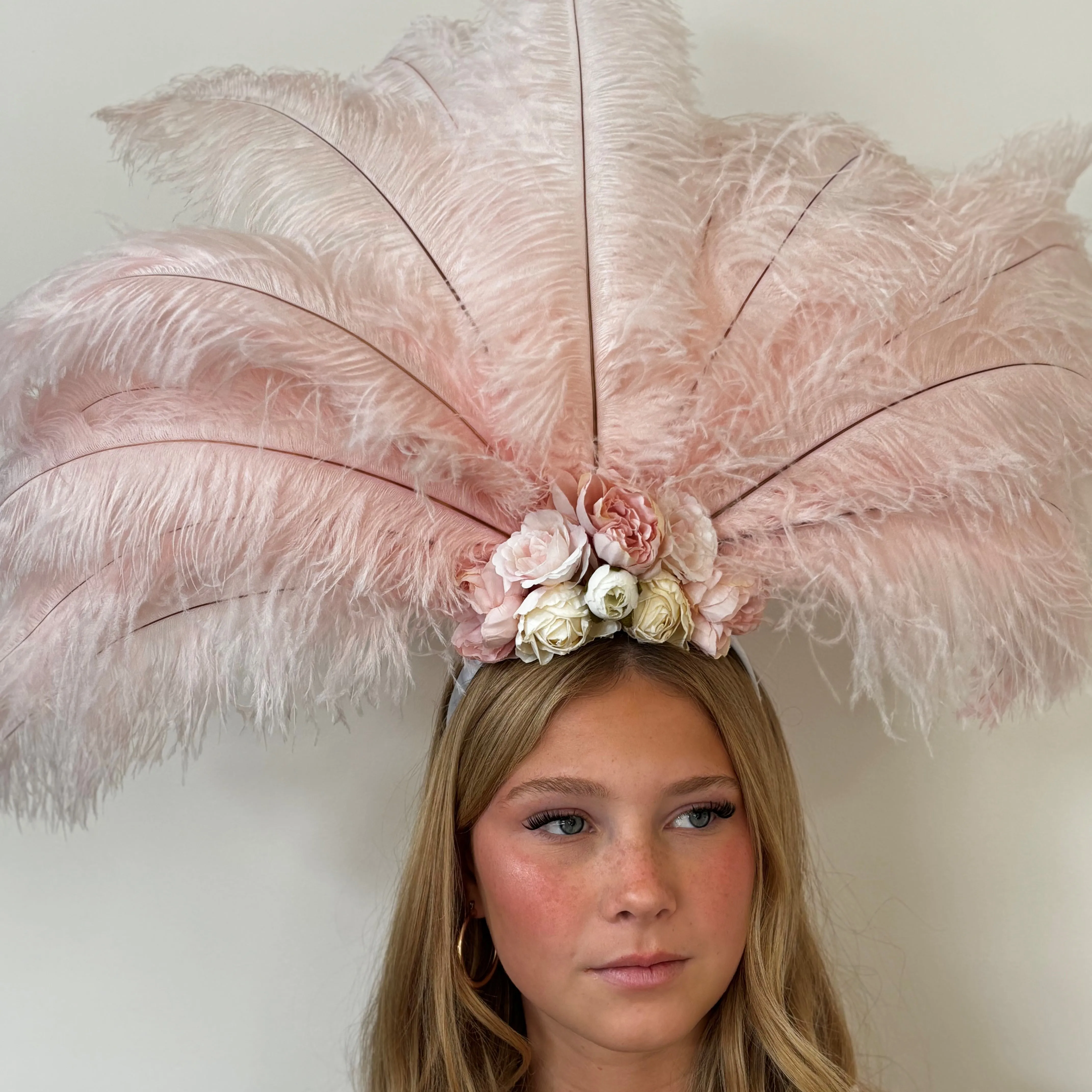 Ostrich Feather Blondine Showgirl Costume Headdress - Pink Floral