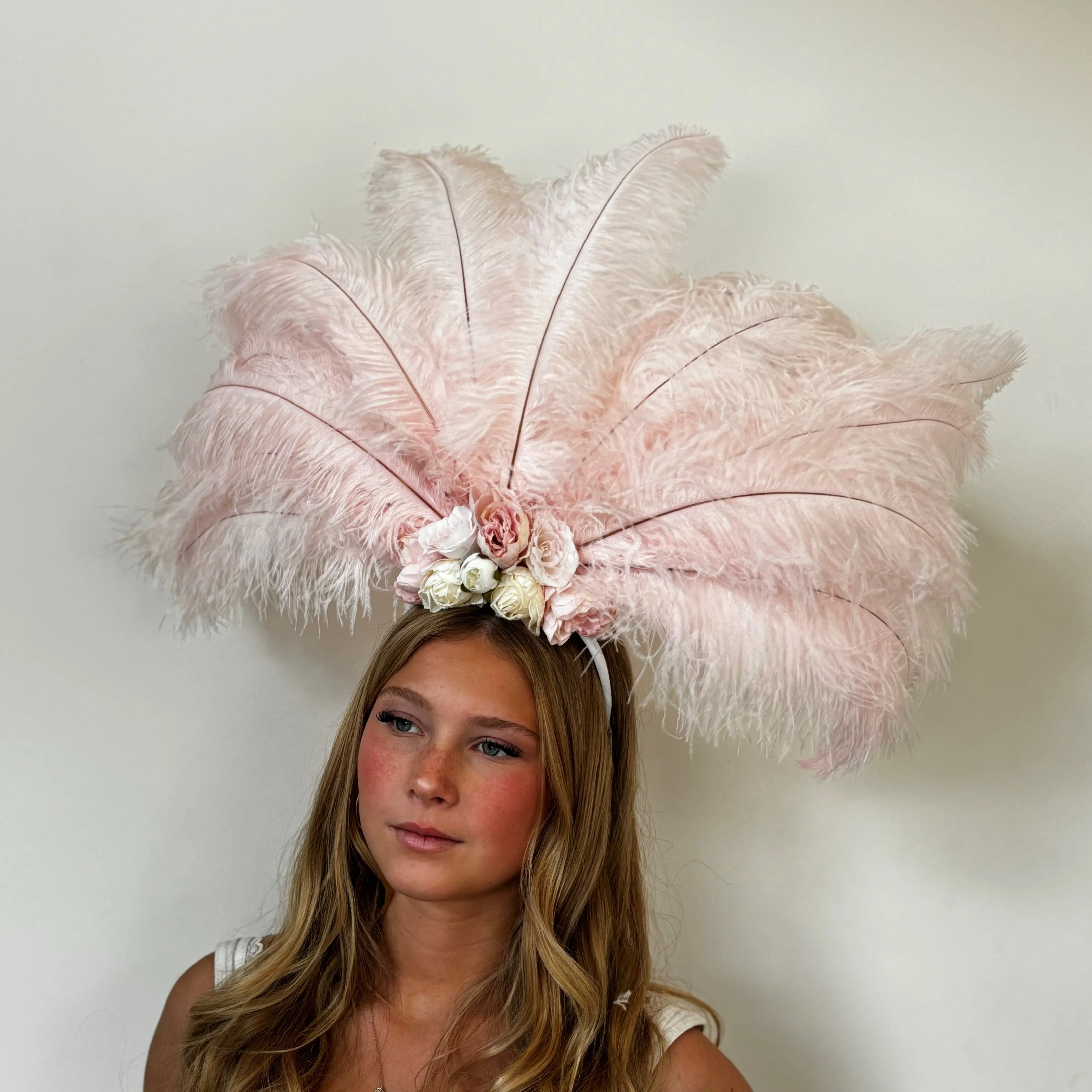 Ostrich Feather Blondine Showgirl Costume Headdress - Pink Floral