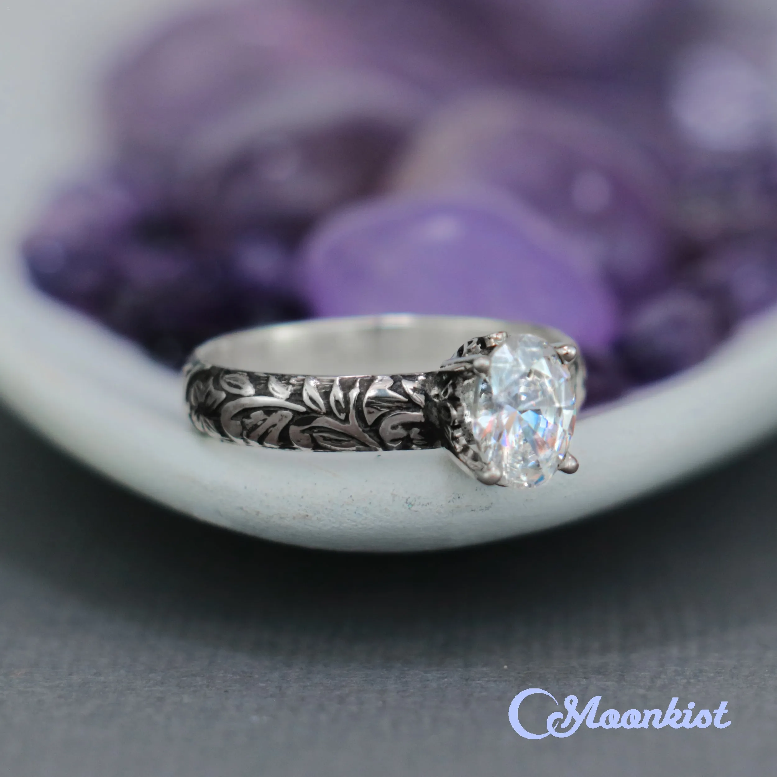 Oval Moissanite Flower Engagement Ring | Moonkist Designs