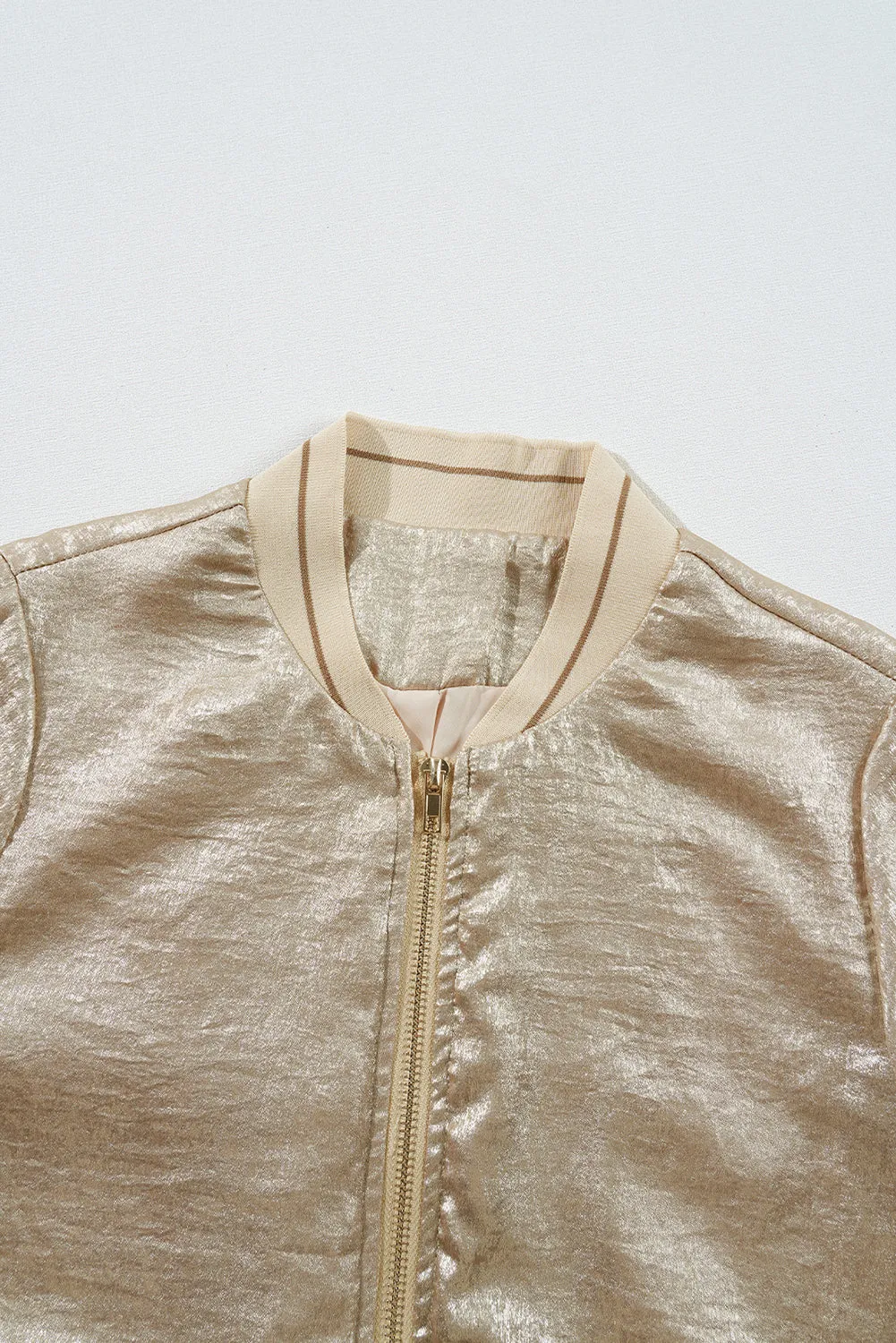 Pale Khaki Metallic Zip up Baseball Jacket