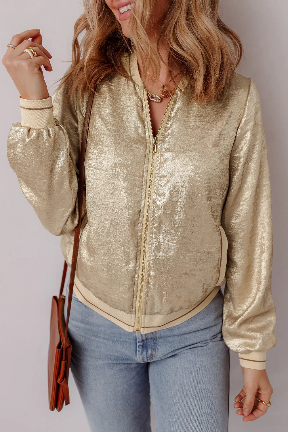 Pale Khaki Metallic Zip up Baseball Jacket