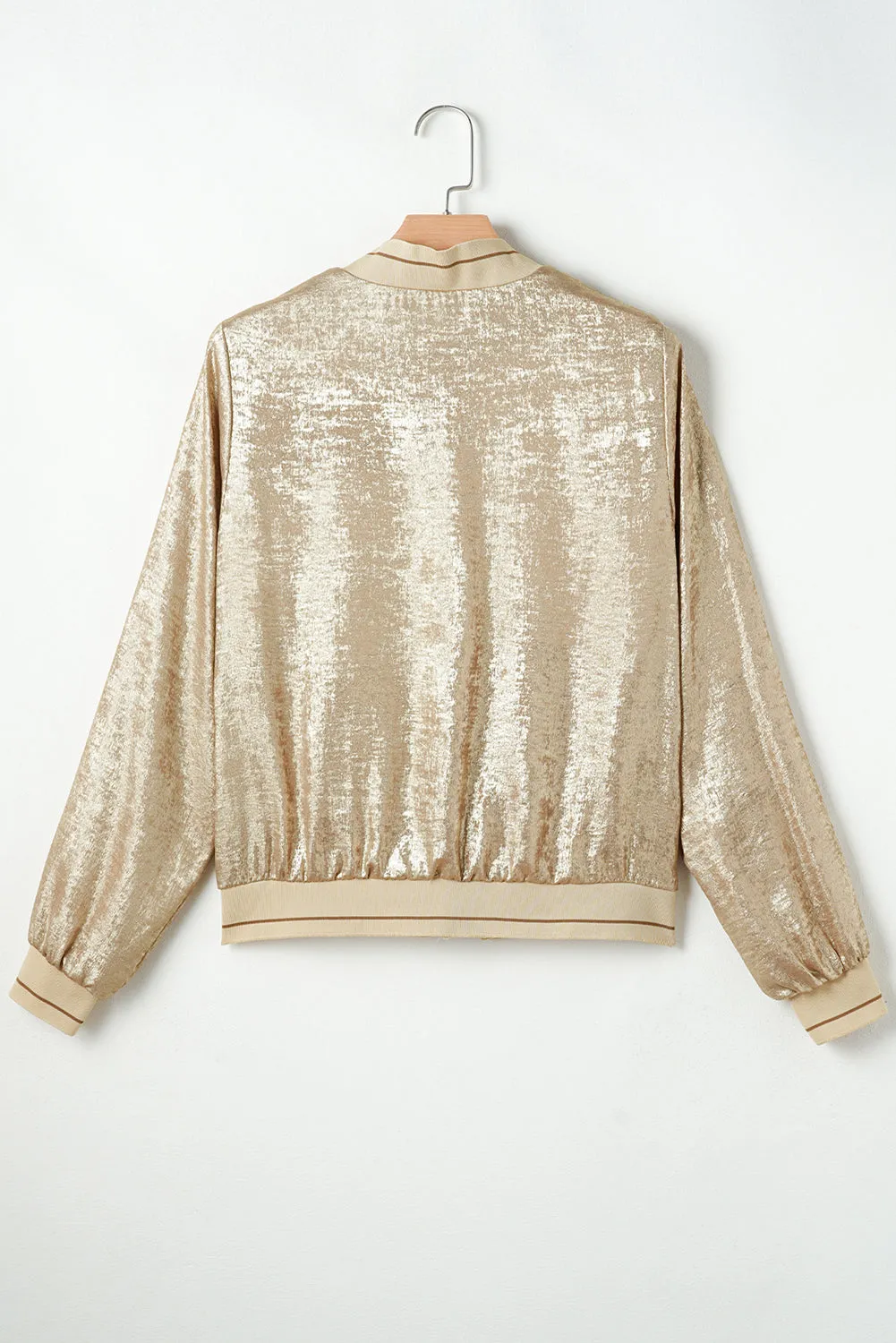 Pale Khaki Metallic Zip up Baseball Jacket