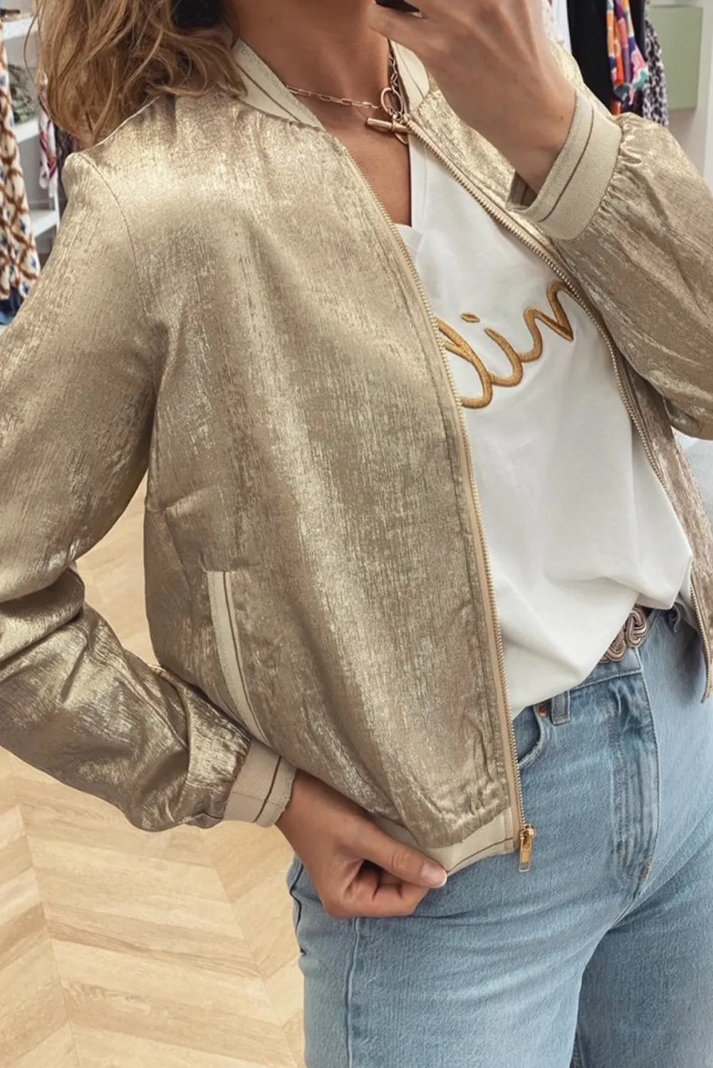 Pale Khaki Metallic Zip up Baseball Jacket