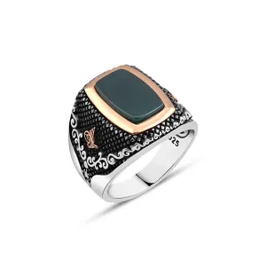 Plain Green Agate Stone Rentangular Silver Men's Ring Siding Ottoman Tughra and Branch Pattern