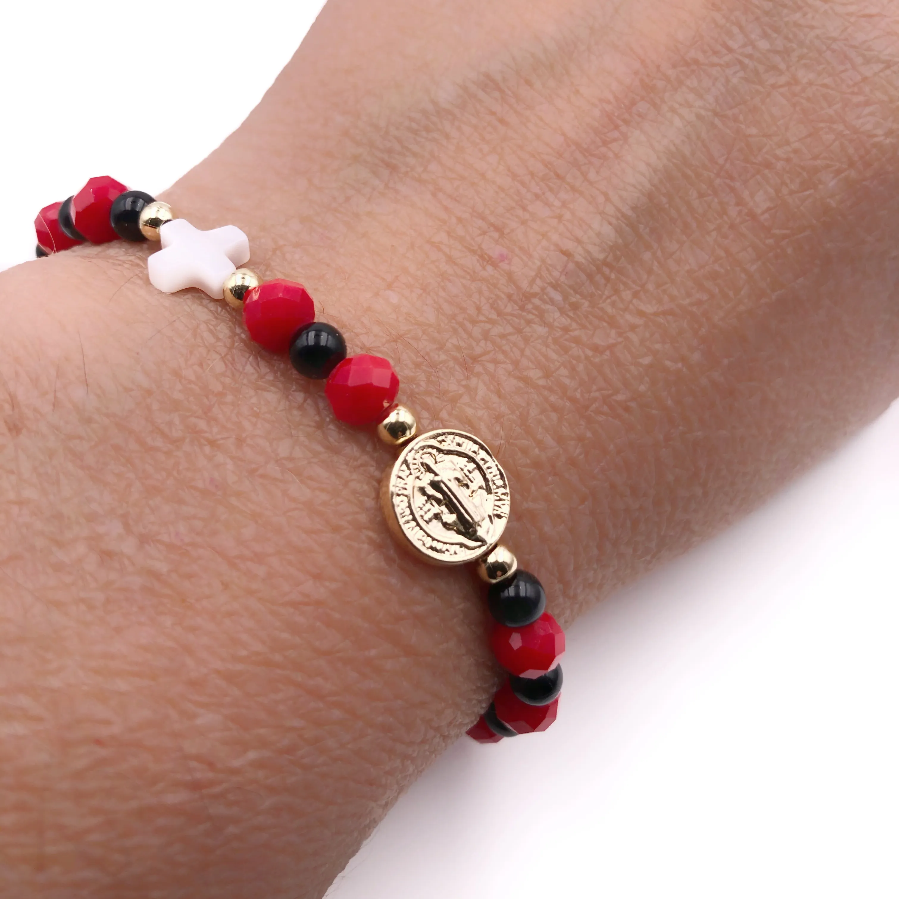 Red Crystals Black Onyx St Benedict Protection Bracelet for Women