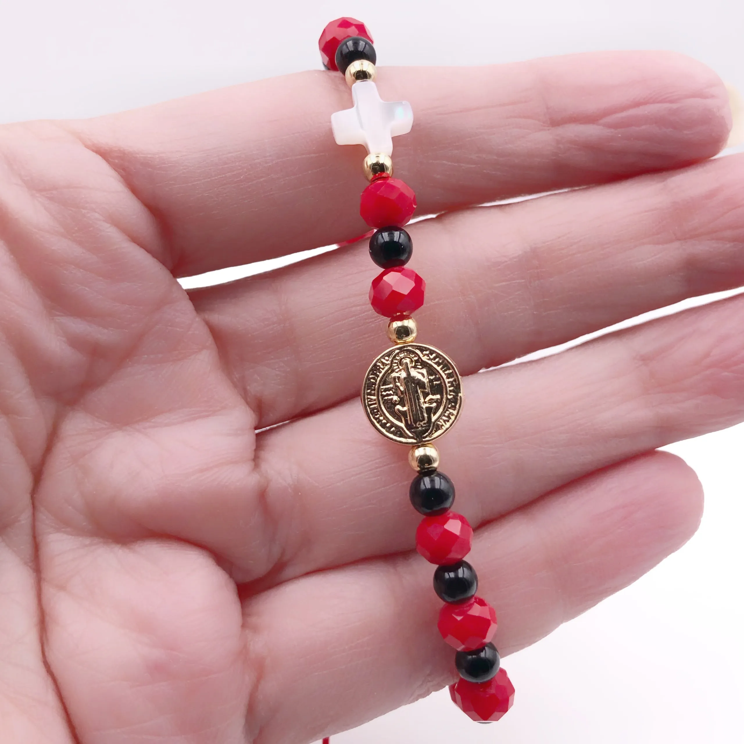 Red Crystals Black Onyx St Benedict Protection Bracelet for Women