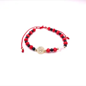 Red Crystals Black Onyx St Benedict Protection Bracelet for Women