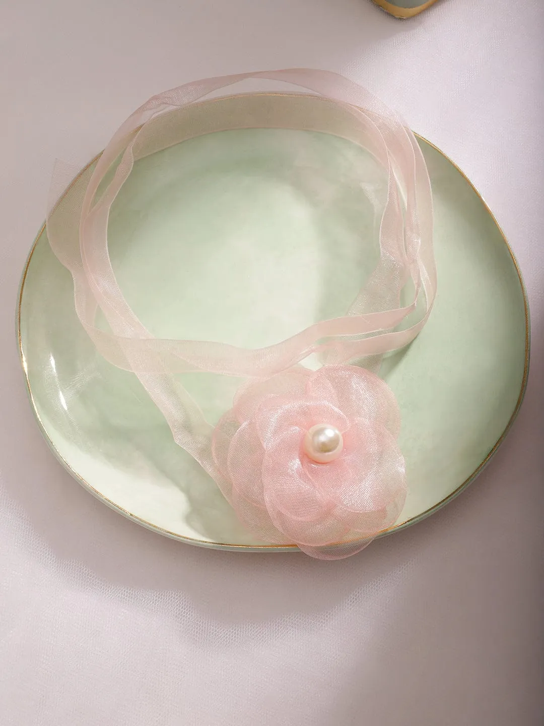 Rubans Delicate Pink Floral Choker Necklace with Organza Flower & Pearl Centerpiece