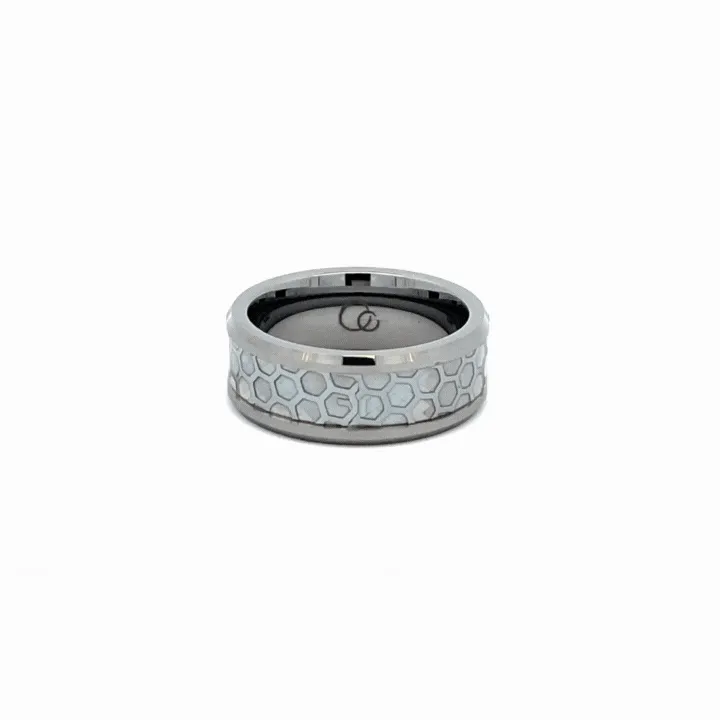 Tungsten Ring With Patterned White Mother Of Pearl