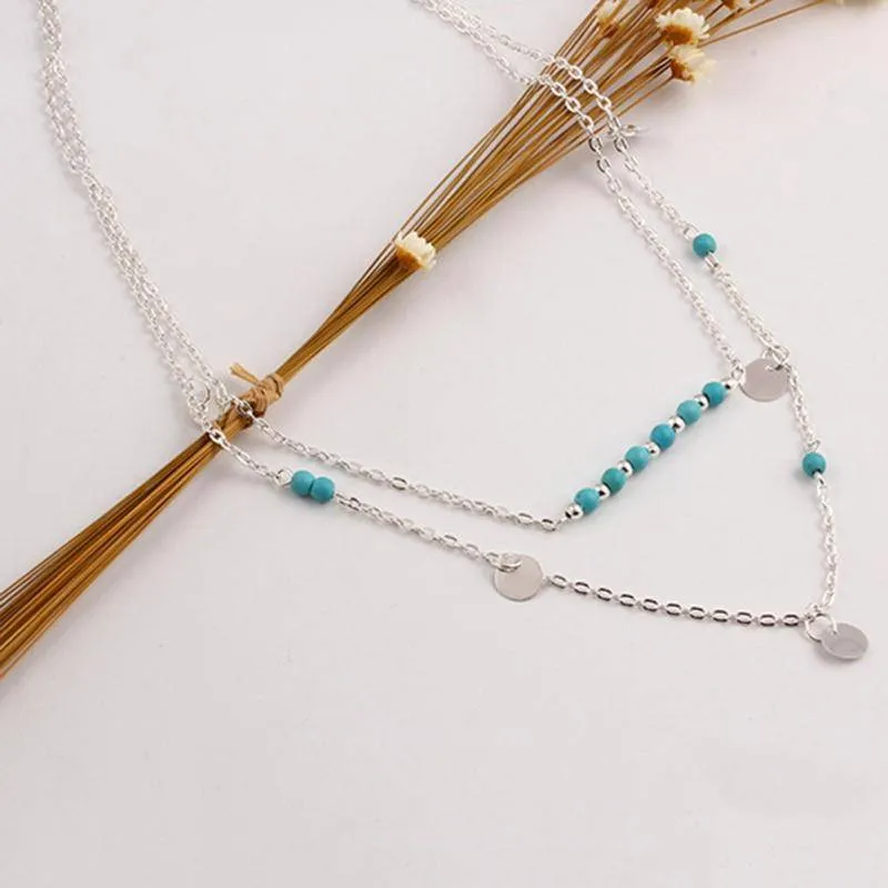 Turquoise Bead Double Layer Necklace for Woman Everyday Modern Wear