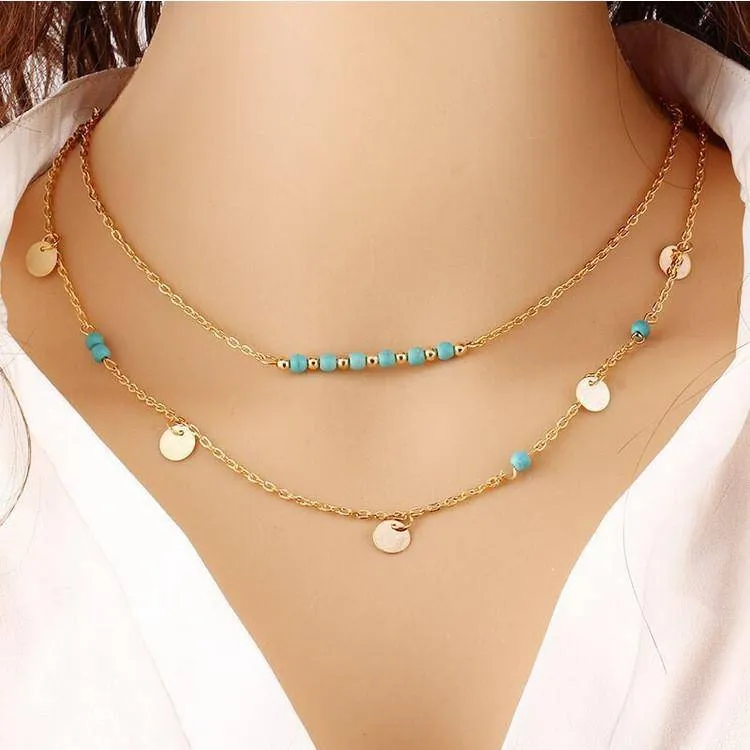 Turquoise Bead Double Layer Necklace for Woman Everyday Modern Wear