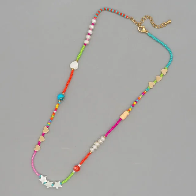 VenusFox Choker Necklace For Women Fashion Multicolor Beaded Pearl Necklaces Shell Heart Charm Sumemr Jewellery