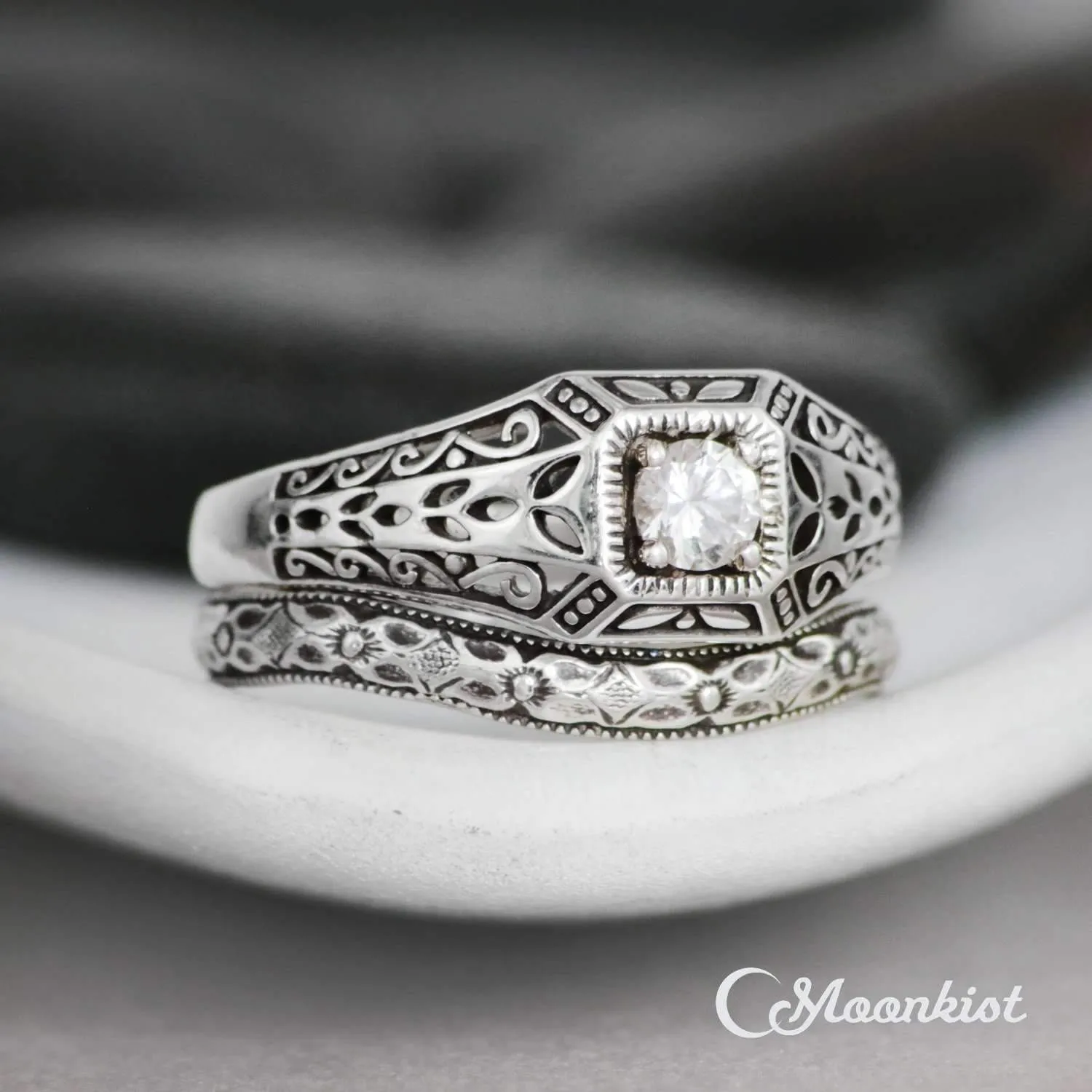 Vintage Style Edwardian Engagement Ring Set with Curved Band | Moonkist Designs