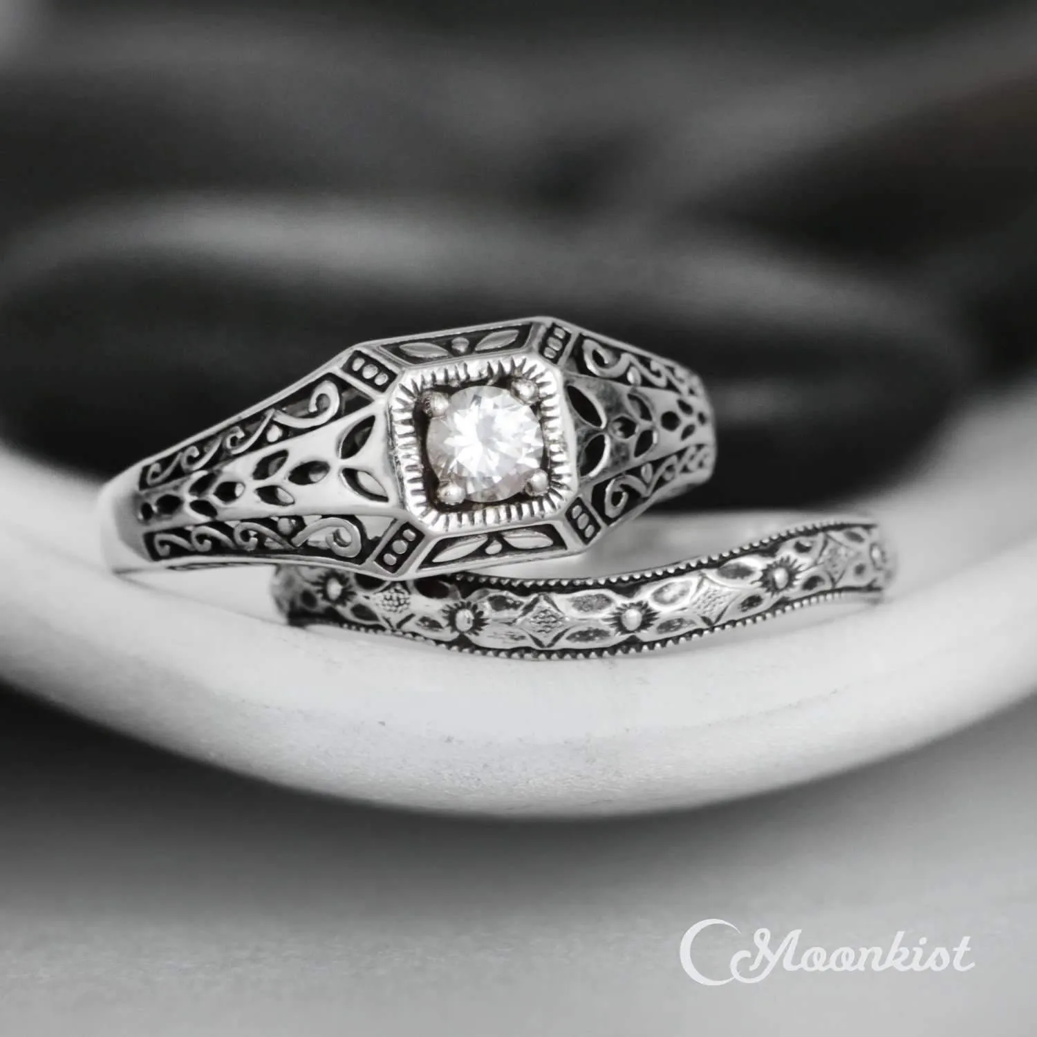 Vintage Style Edwardian Engagement Ring Set with Curved Band | Moonkist Designs