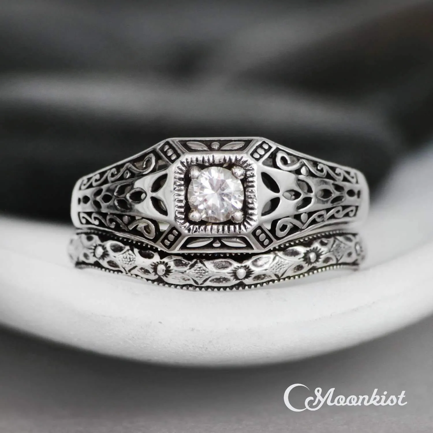 Vintage Style Edwardian Engagement Ring Set with Curved Band | Moonkist Designs