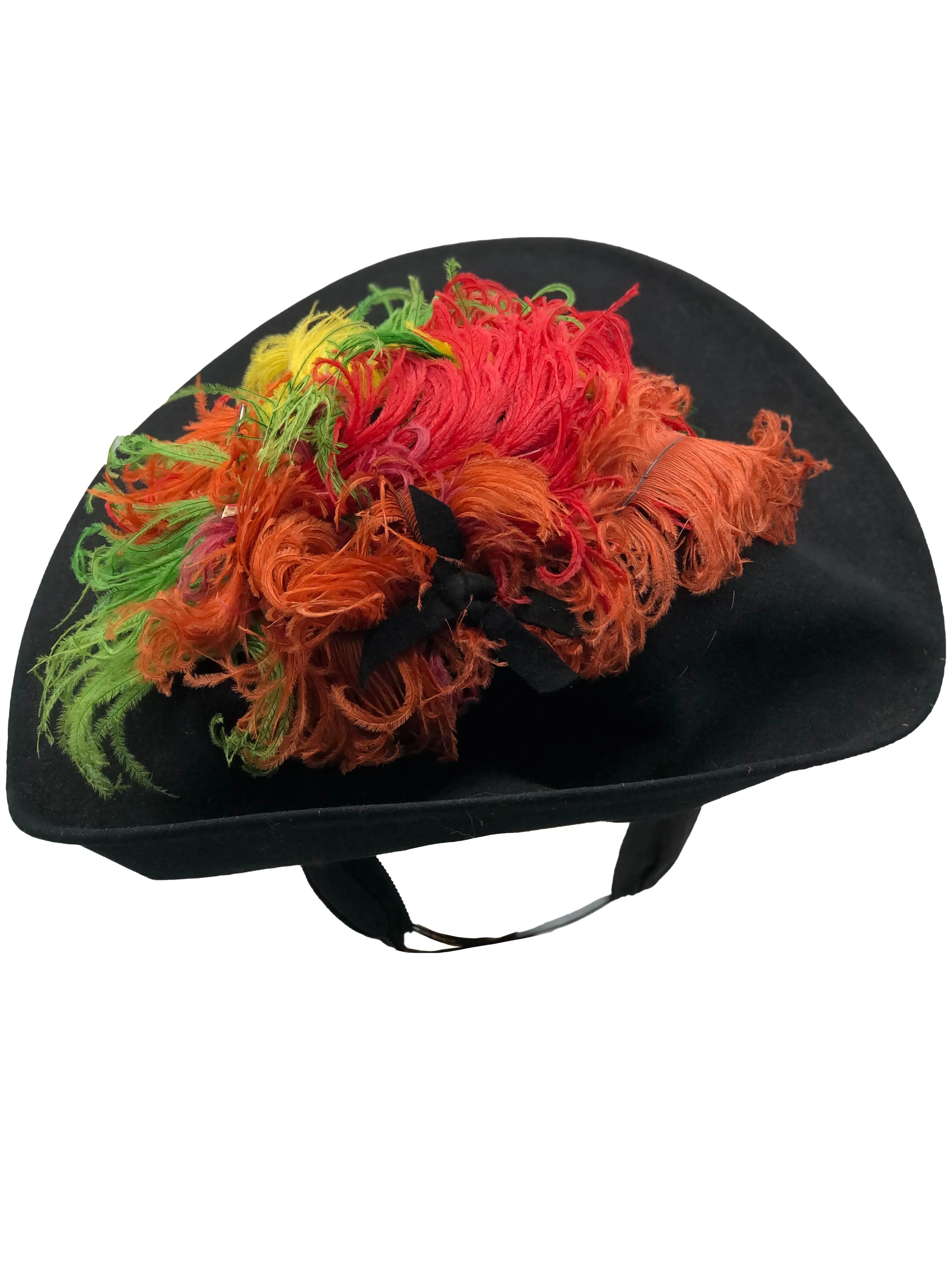 Vogue 40s Black Felt Tilt Hat with Colorful Ostrich Plumage