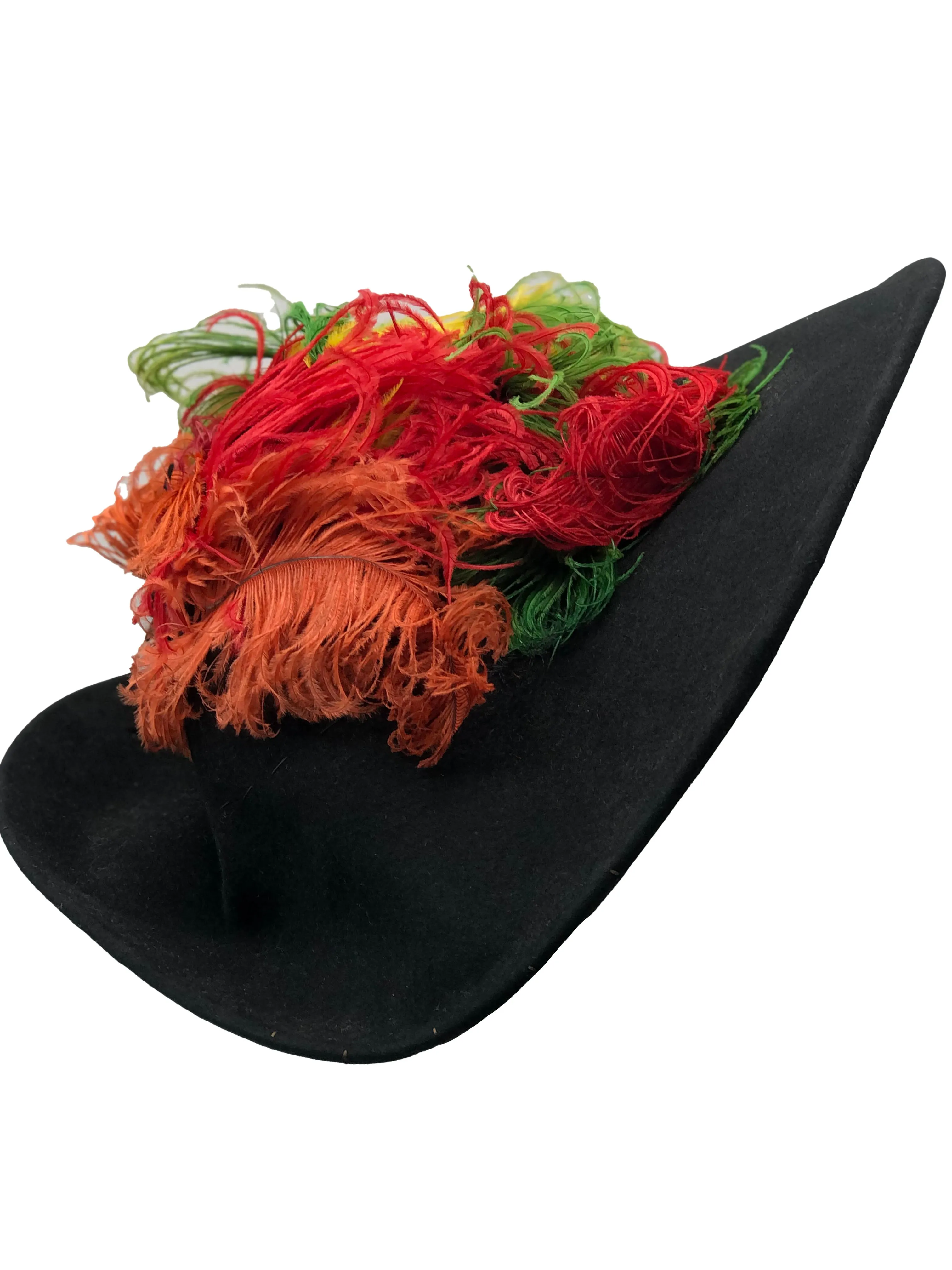 Vogue 40s Black Felt Tilt Hat with Colorful Ostrich Plumage