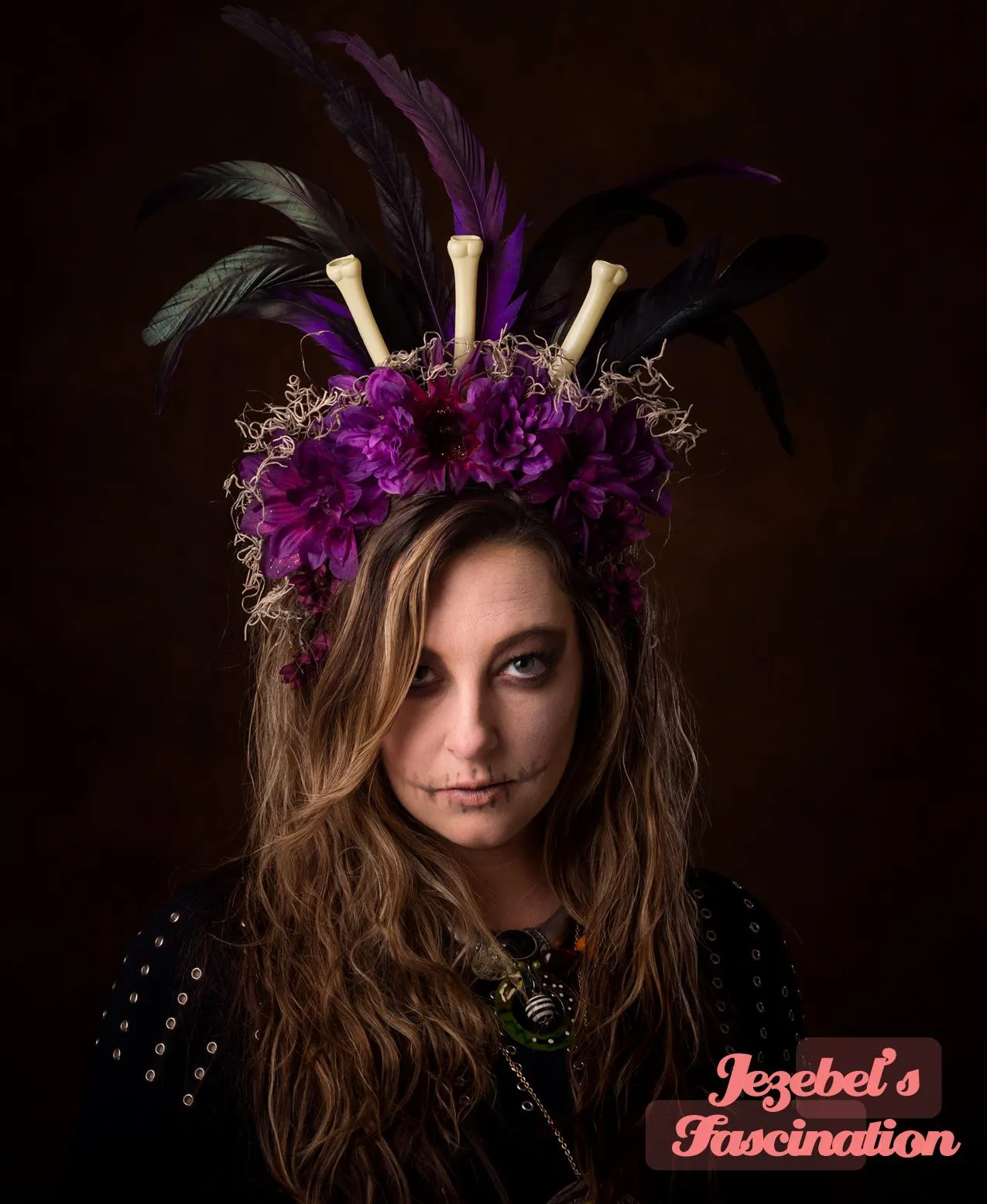 Voodoo Flower Crown Purple Bones Gothic Tiki WGT Jungle Witch Doctor Shaman Black Magic Caribbean Moss Headdress Tropical Black Sacred Magic Cannibal Festival New Orleans Feathers Headpiece Headband