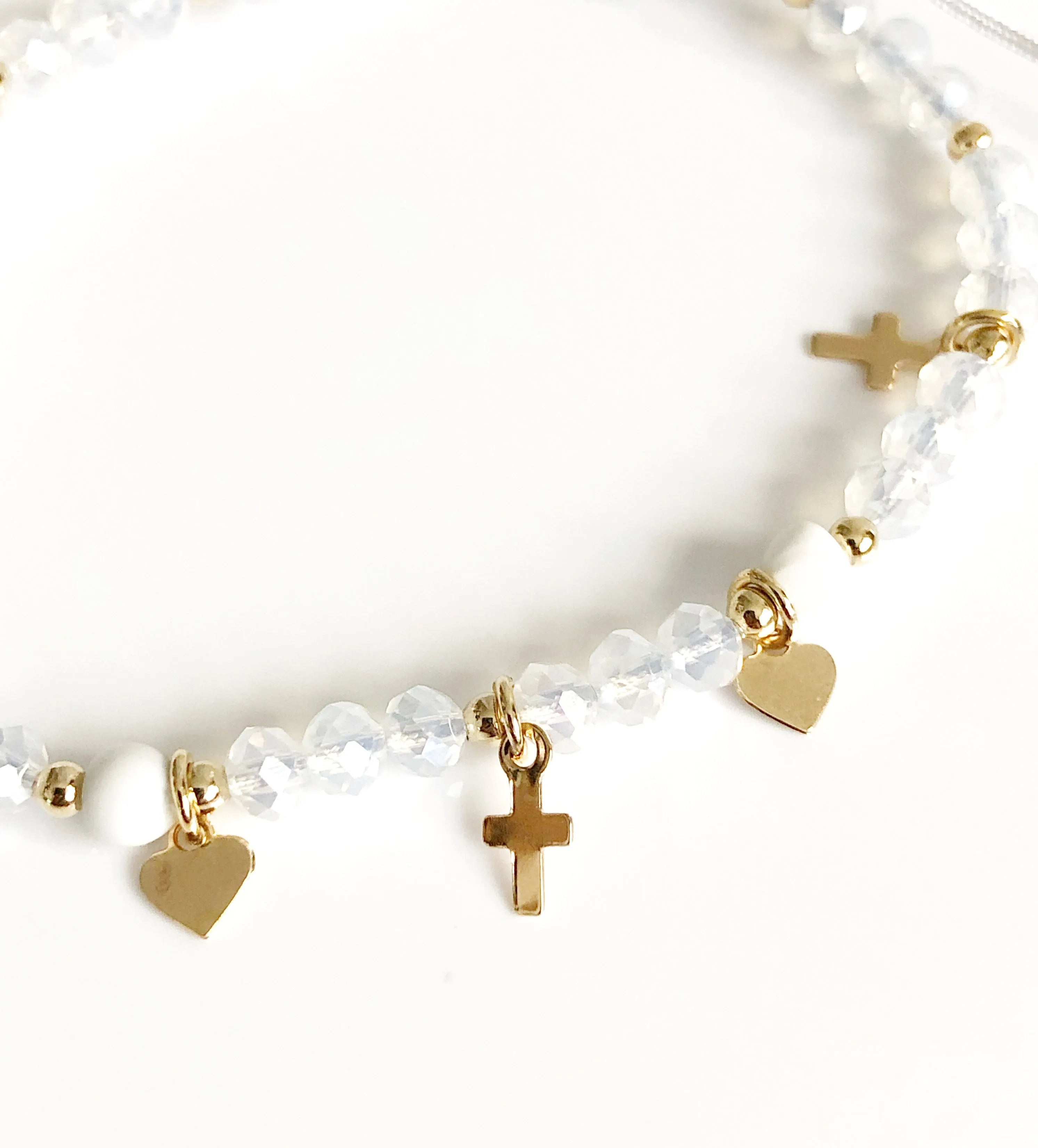 White Crystal Beaded Cross Heart Pendant Bracelet