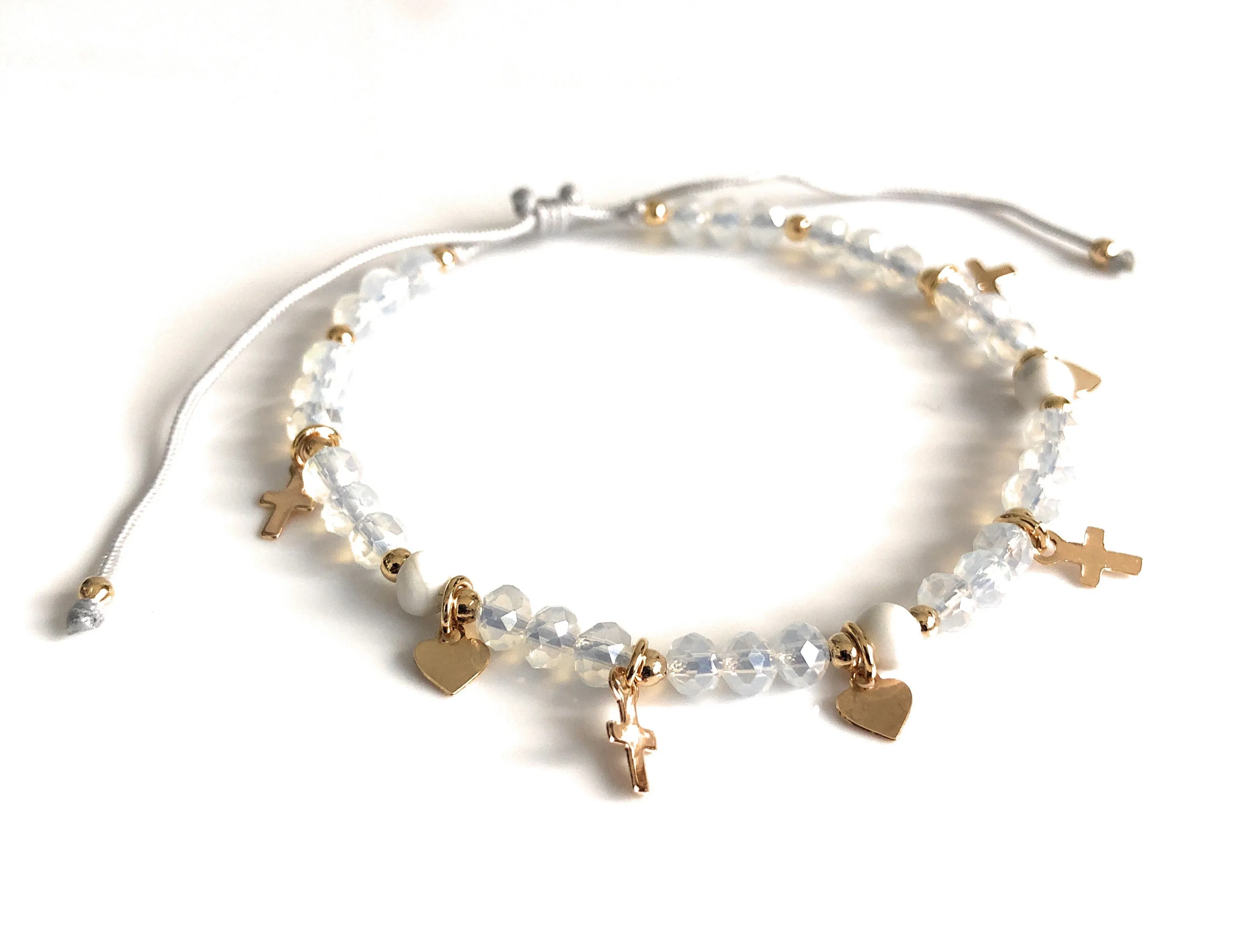 White Crystal Beaded Cross Heart Pendant Bracelet