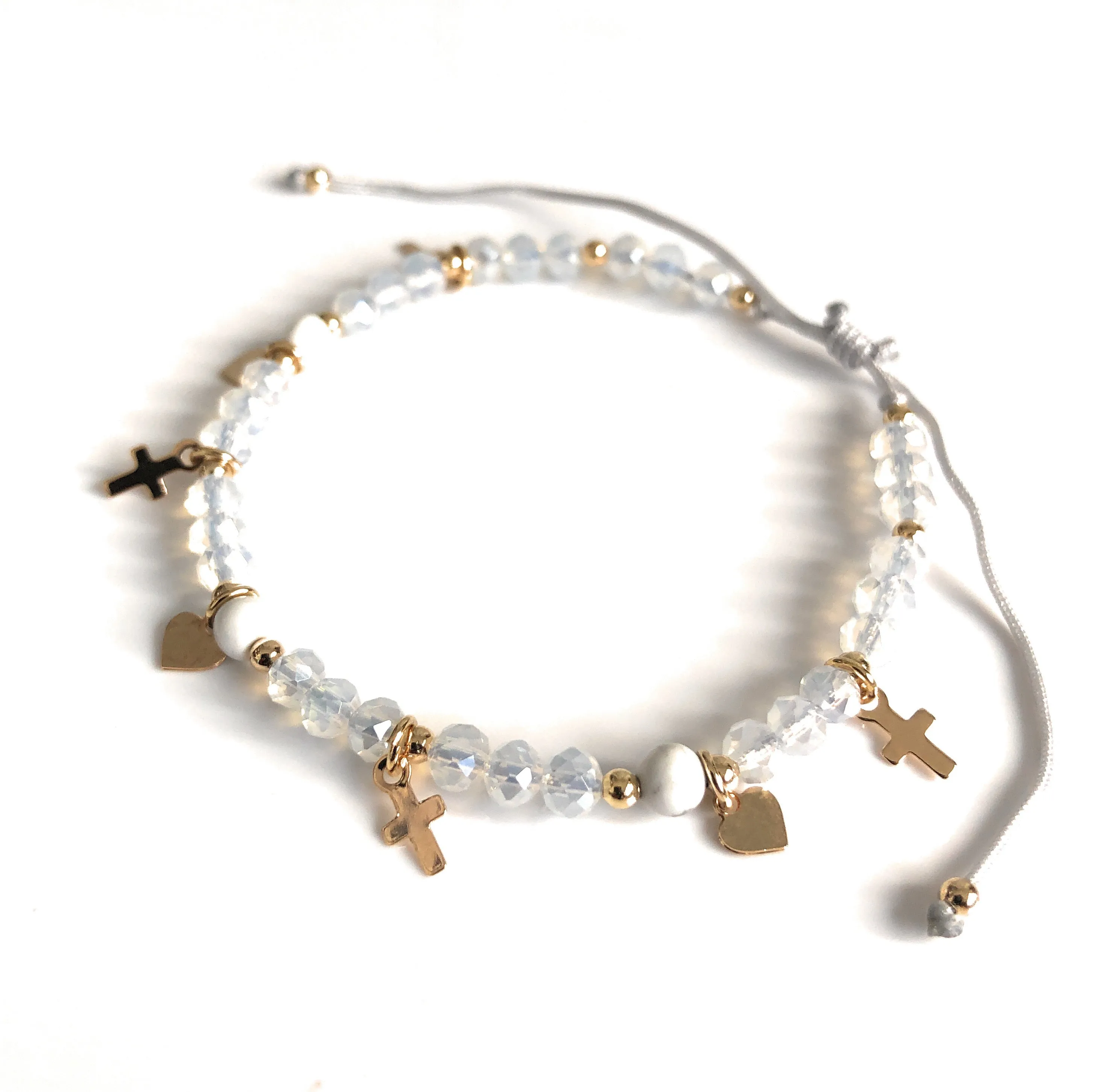 White Crystal Beaded Cross Heart Pendant Bracelet