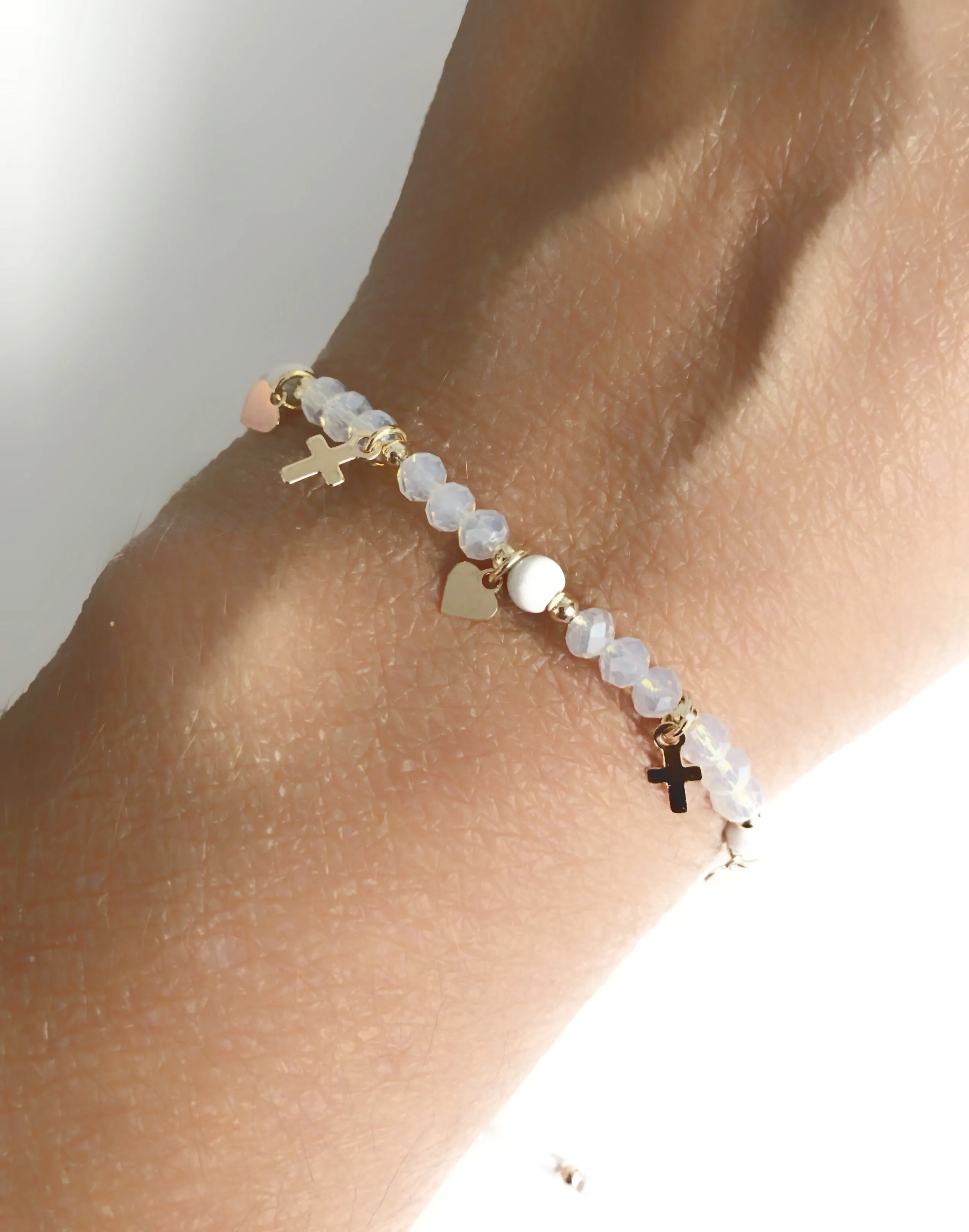 White Crystal Beaded Cross Heart Pendant Bracelet